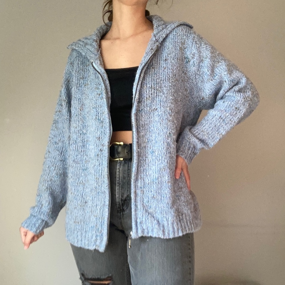 Vintage Pale Blue Full Zip Knit Cardigan Sweater